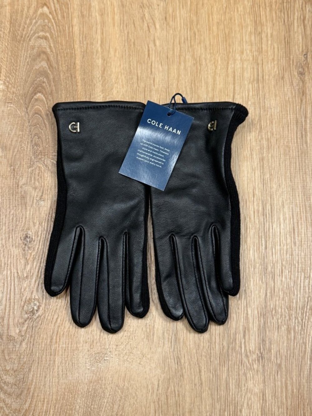 Cole Haan Womens Knit Panel Leather Gloves Black Medium New With Tags